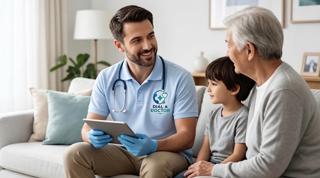 A Dial A Doctor GP sitting on a sofa with an elderly patient and their grandchild, reviewing notes on a tablet.
